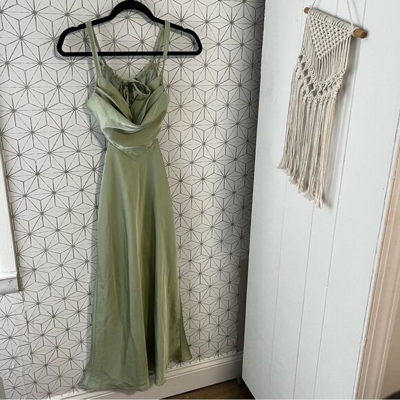 Stun to Remember Sage Green Satin Cowl Neck Cutout Midi Dress - Picture 4 of 8